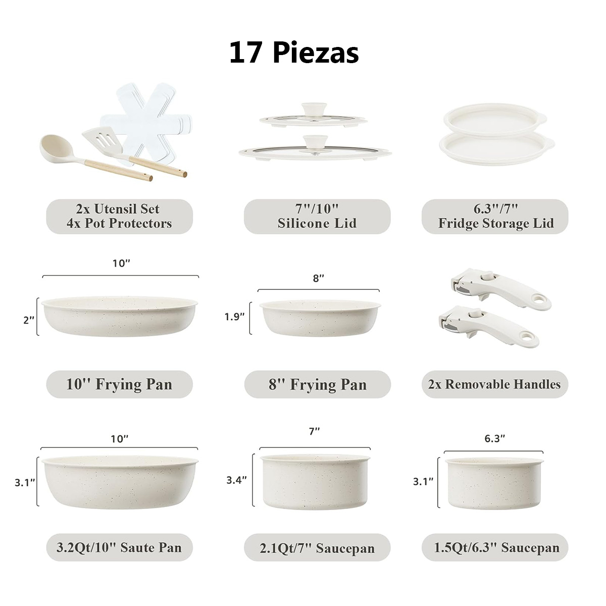 Múltiples ollas y sartenes blancas con dimensiones y etiquetas. Se colocan varias herramientas de cocina.