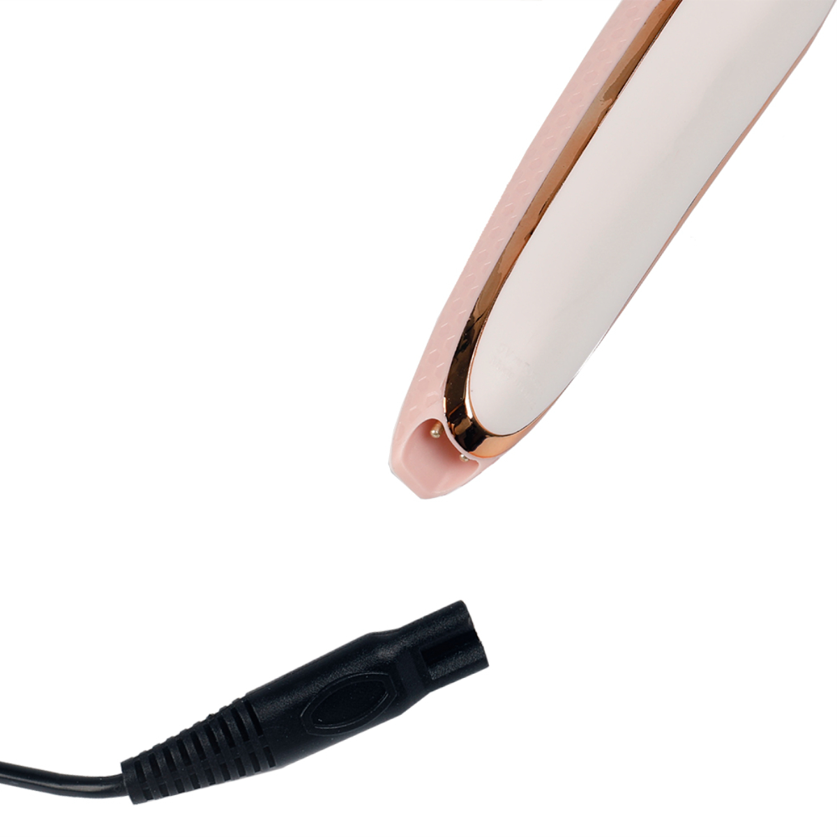 Afeitadora eléctrica y cable de alimentación negro. Afeitadora blanca y oro rosa.