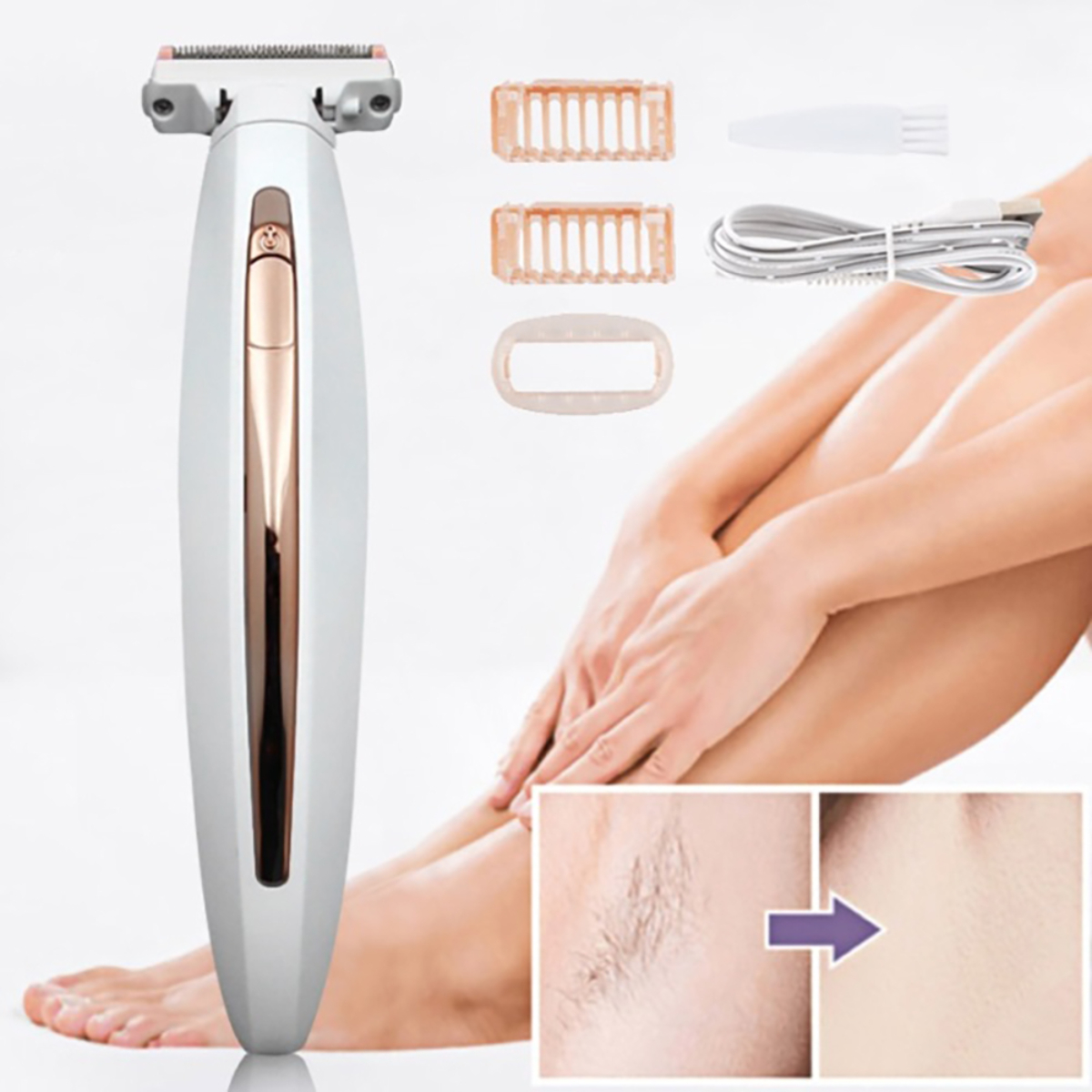 Afeitadora eléctrica blanca y dorada con accesorios e imágenes del antes/después del afeitado. Pierna de mujer en la imagen.