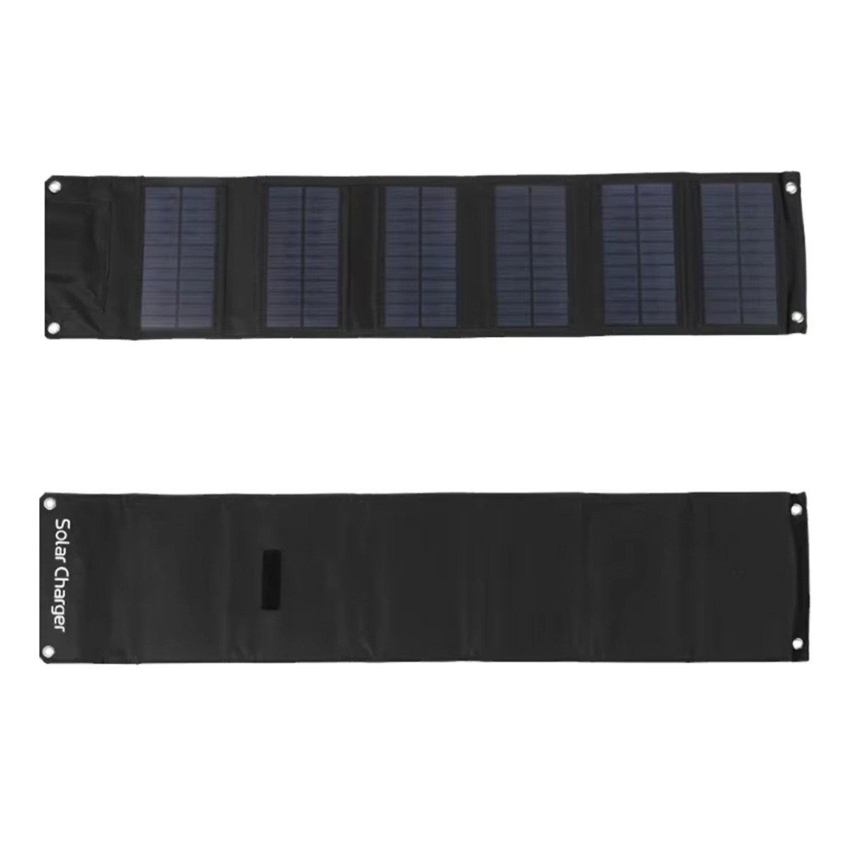 Panel solar negro plegado con celdas solares visibles. La parte posterior tiene un logotipo. Fondo blanco.