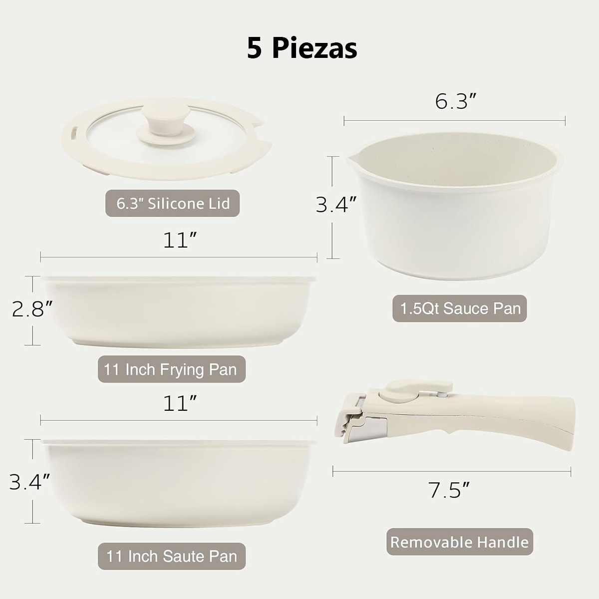 Juego de utensilios de cocina blancos con tapa, sartén y sartén. Dimensiones y mango.