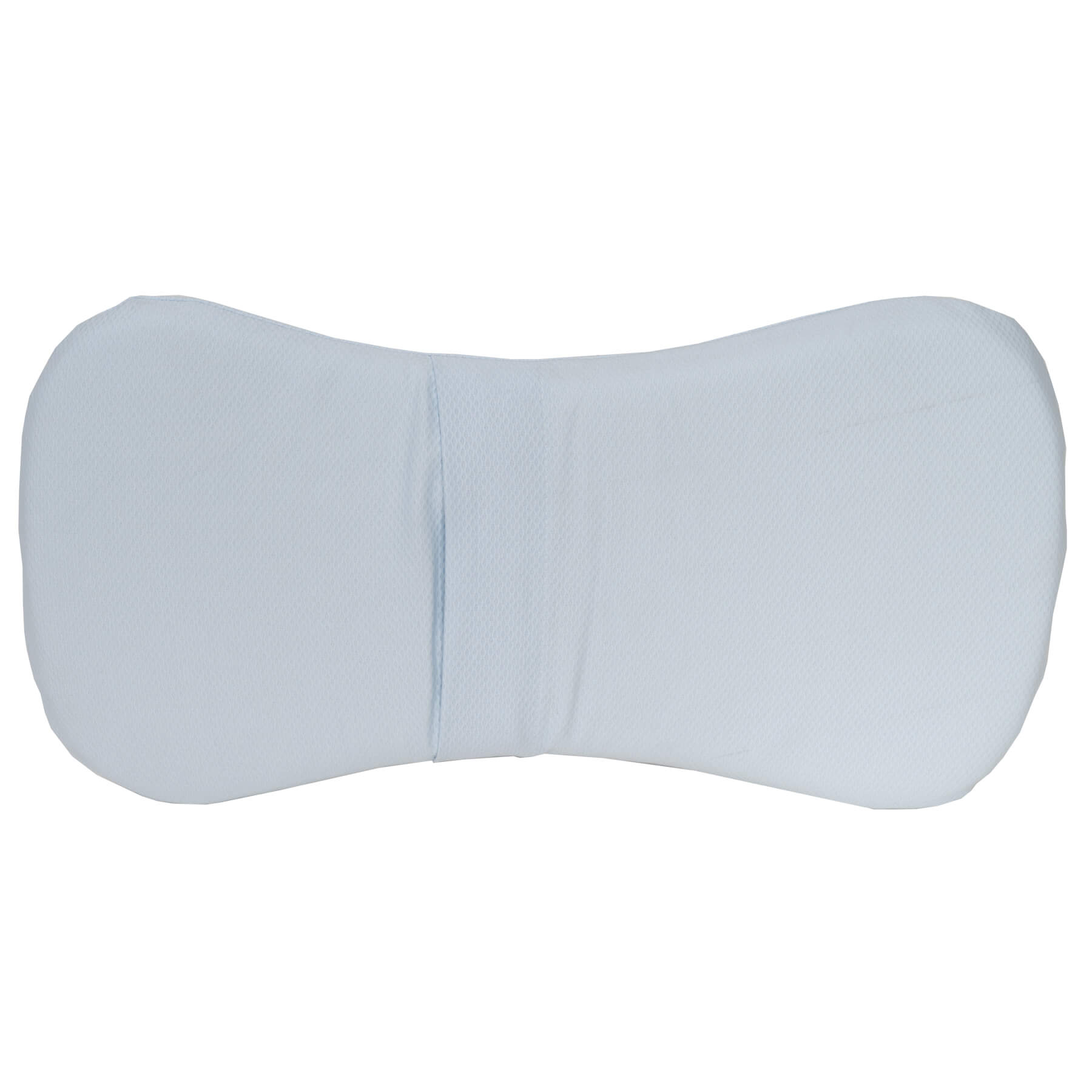 Almohada azul en forma de reloj de arena. Está hecha de tela texturizada.