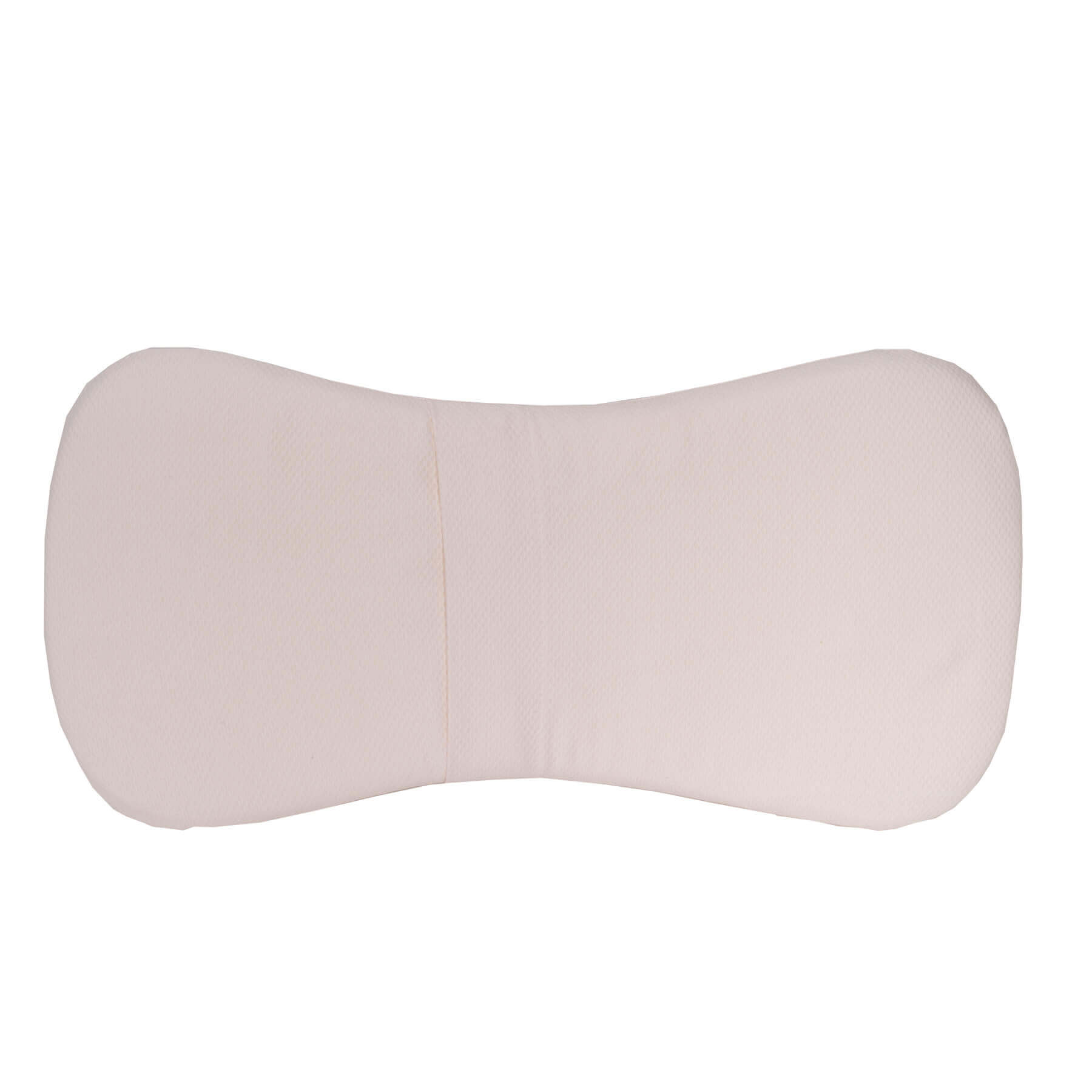 Almohada color crema en forma de reloj de arena. Está hecha de tela texturizada.