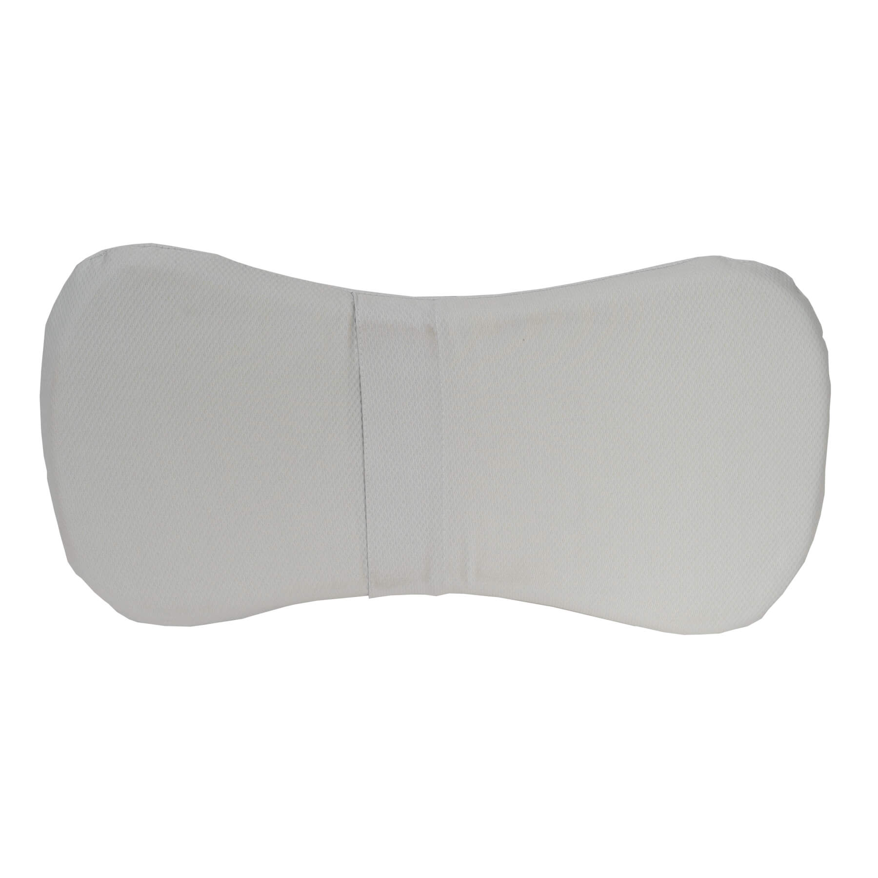 Una almohada ortopédica blanca con forma curva. La parte trasera tiene una costura.