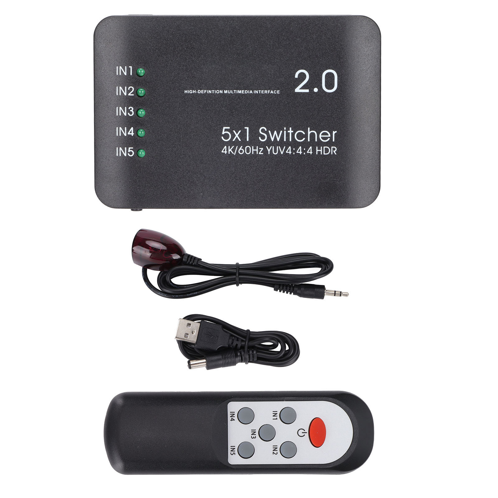 Schwarzer 5x1 HDMI-Umschalter mit Kabeln und Fernbedienung. Hat 5 Eingangsleuchten.