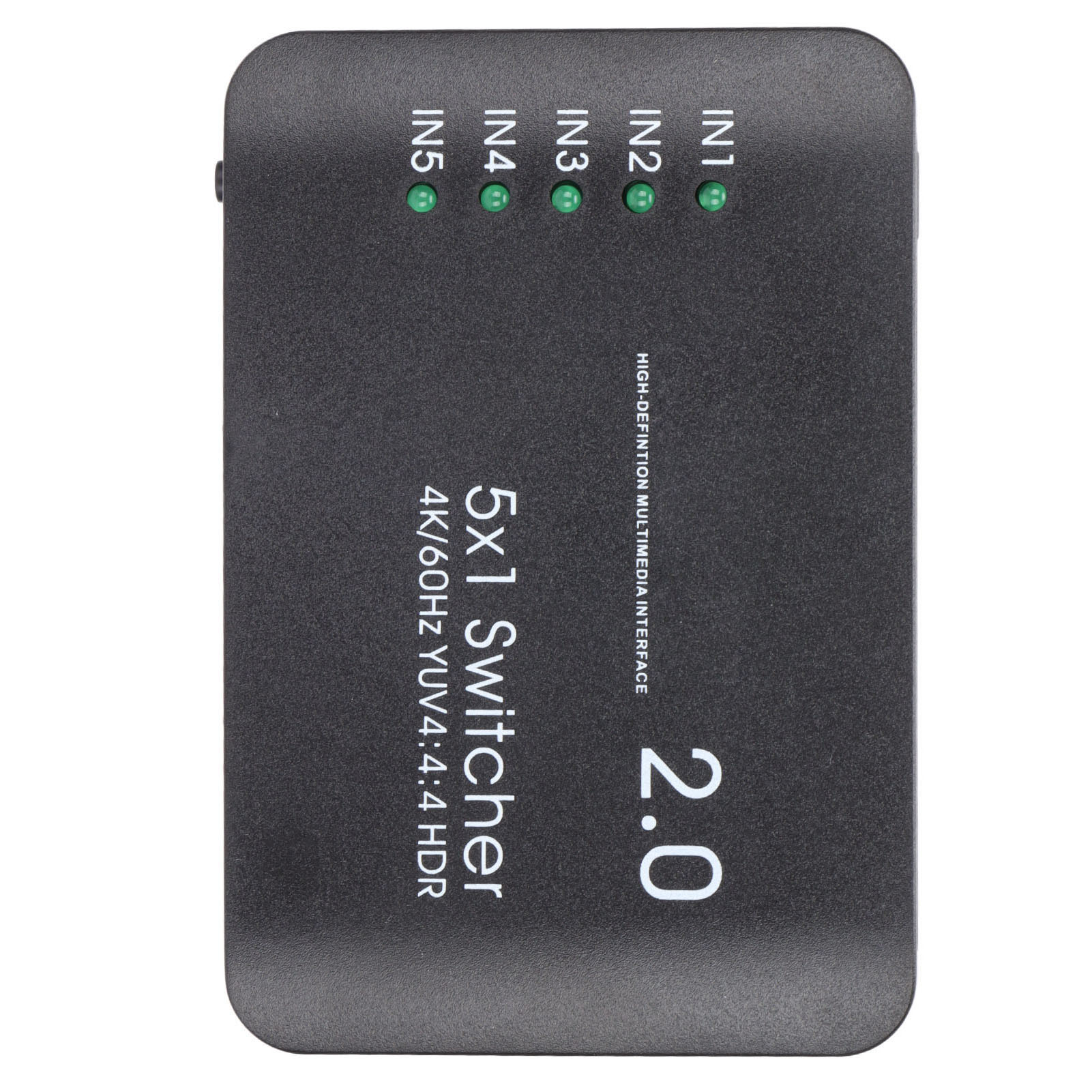 Ein schwarzer 5x1-Umschalter mit 5 Eingangslichtern. Es heißt 4K/60Hz YUV4:4:4 HDR.