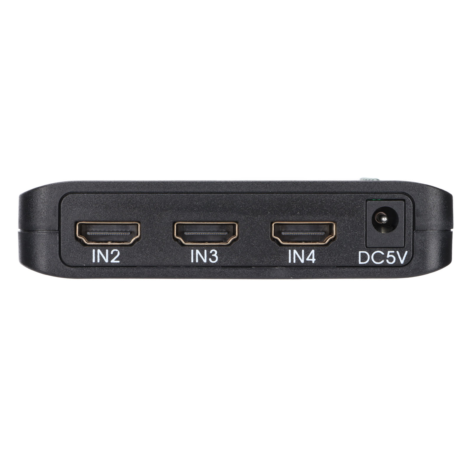 Ein schwarzer HDMI-Umschalter mit drei Eingangsanschlüssen und einem DC5V-Anschluss.