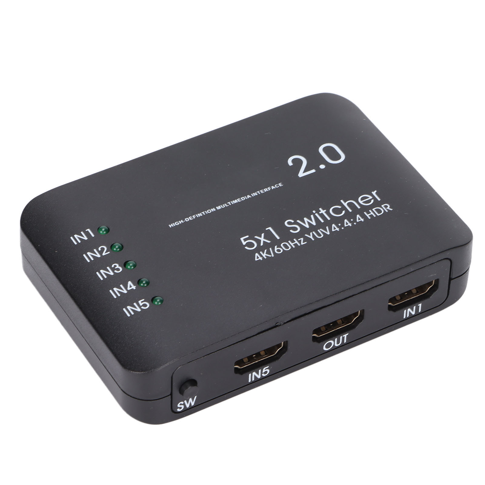 Schwarzer 5x1 Switcher mit mehreren HDMI-Anschlüssen. Text: 2.0, 4K/60Hz YUV4:4:4 HDR.