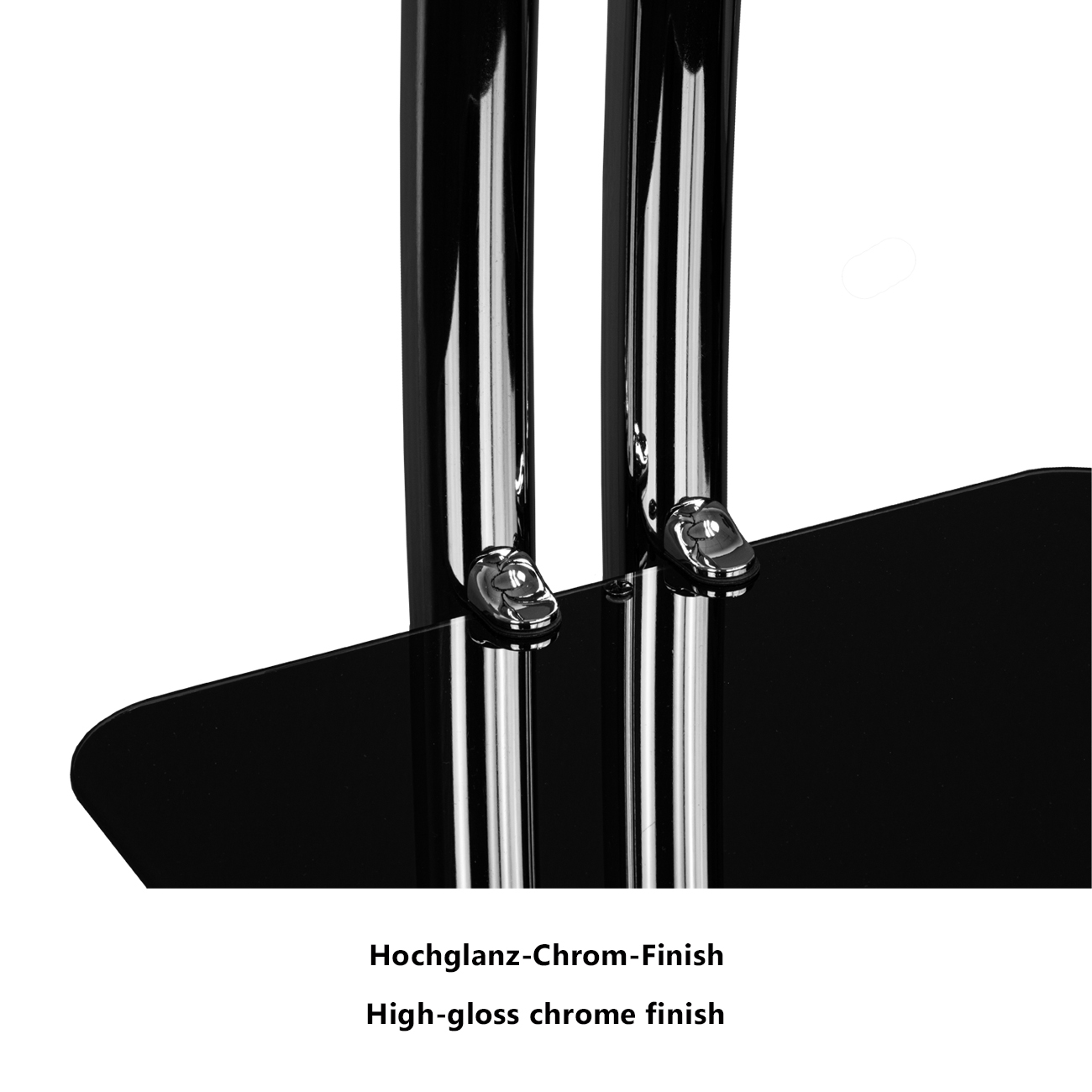 Schwarzes Glasregal mit silberner Chrom-Finish-Unterstützung. Nahaufnahme.
