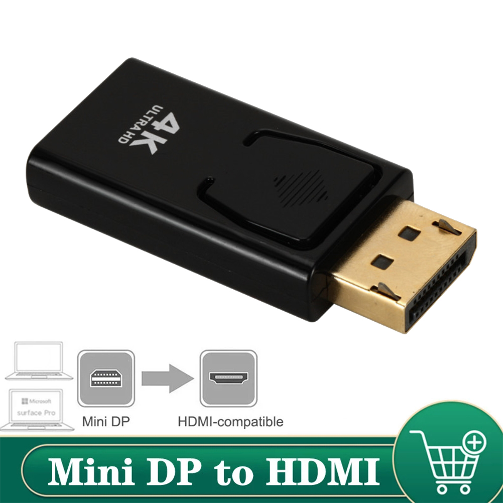 Schwarzer Mini-DP-zu-HDMI-Adapter. Wandelt Mini DP in HDMI-kompatibel um. Weißer Hintergrund.