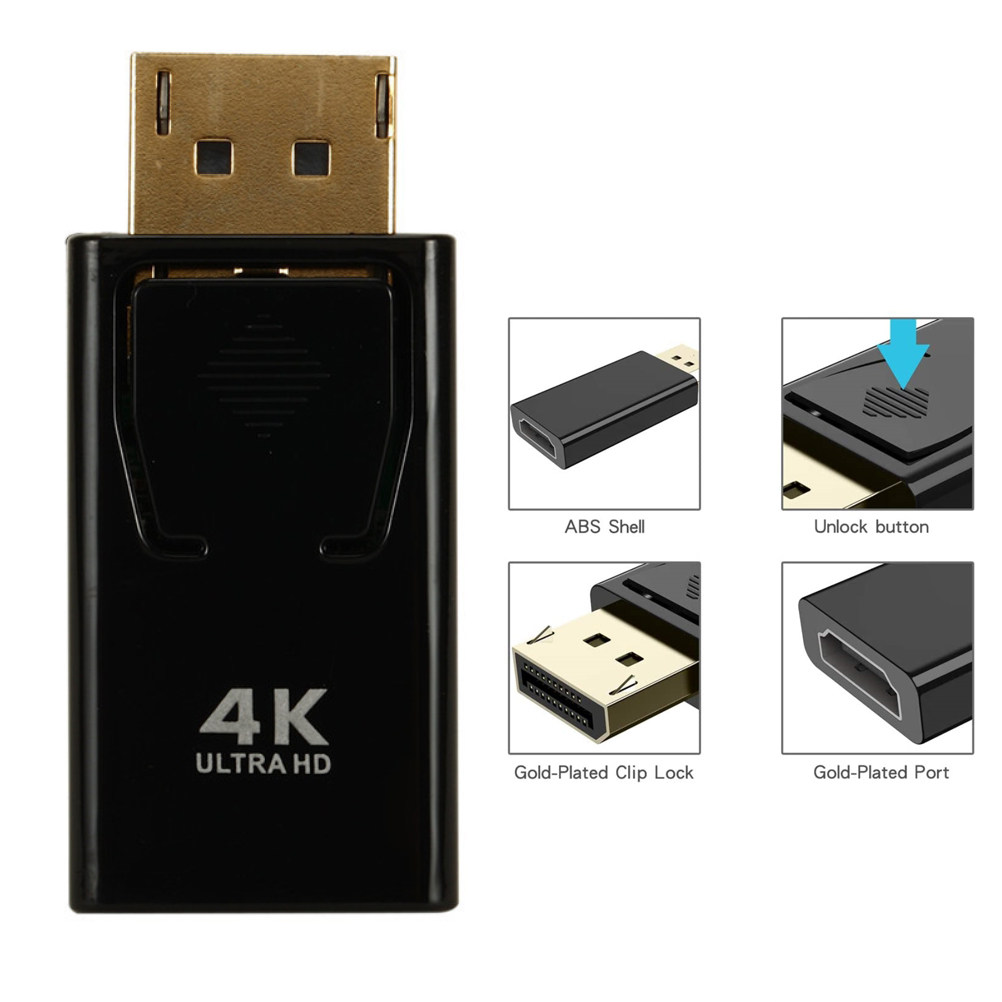 Ein schwarzer 4K Ultra HD-Adapter mit vergoldeten Anschlüssen und einem Clip-Lock, in einem Diagramm.