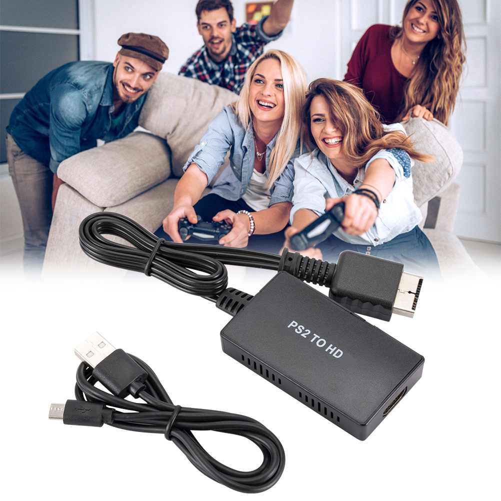 Leute spielen Videospiele, mit PS2-zu-HD-Adapter und USB-Kabel sichtbar.