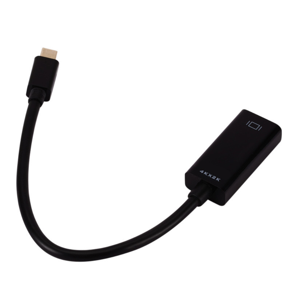 Schwarzer 4K x 2K-Adapter mit schwarzem Kabel und Stecker. Weißer Hintergrund.