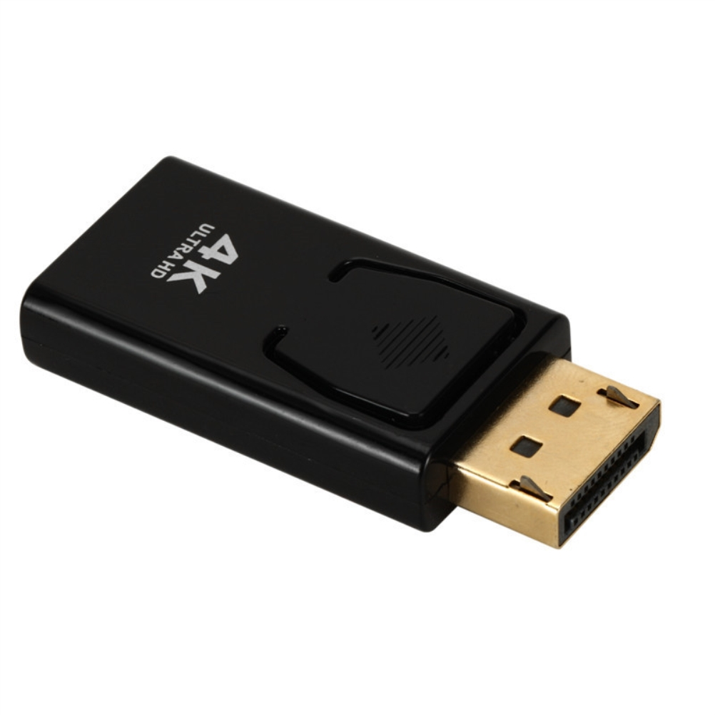 Schwarzer 4K Ultra HD DisplayPort-Adapter. Er hat einen DisplayPort und einen goldfarbenen Stecker.