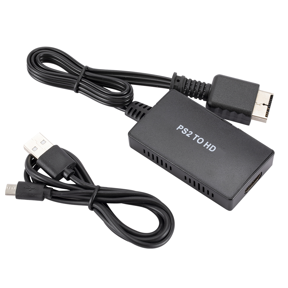 Schwarzer PS2-zu-HDMI-Adapter mit Kabeln. Ein USB-Kabel ist ebenfalls sichtbar.