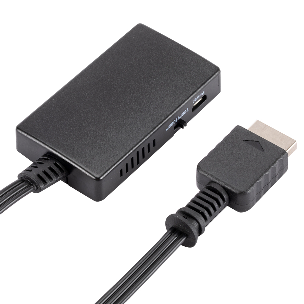 Schwarzer PS2-zu-HDMI-Konverter mit angeschlossenen Kabeln. Der Text 'PS2 TO HD' ist sichtbar.