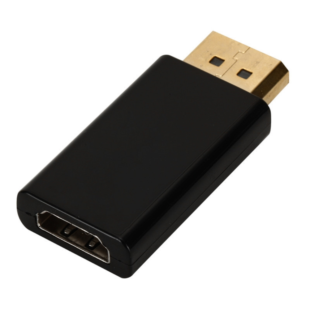 Schwarzer HDMI-zu-HDMI-Adapter. Er hat eine Buchse und einen Stecker, goldfarben.