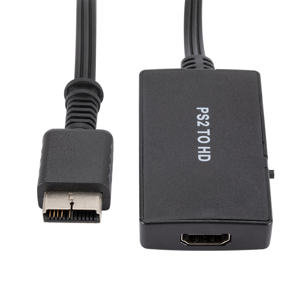 Schwarzes PS2-zu-HDMI-Adapterkabel. Hat einen PS2- und einen HDMI-Anschluss und ein Etikett.