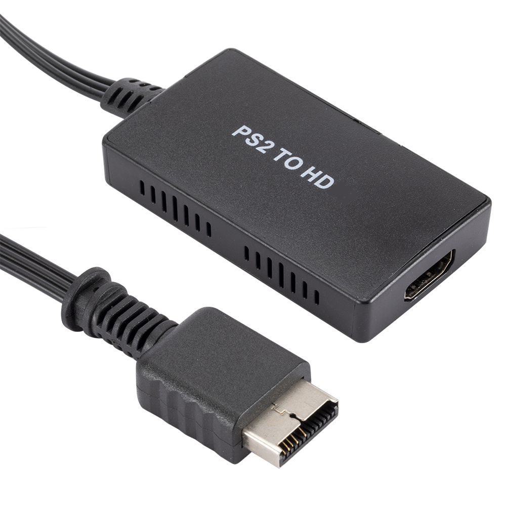 Schwarzes PS2-zu-HDMI-Adapterkabel. Enthält einen PS2- und einen HDMI-Anschluss.