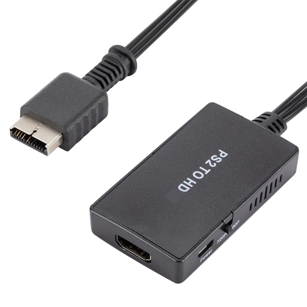 Schwarzer PS2-zu-HDMI-Adapter mit Kabeln und einem Stecker, auf weißem Hintergrund.