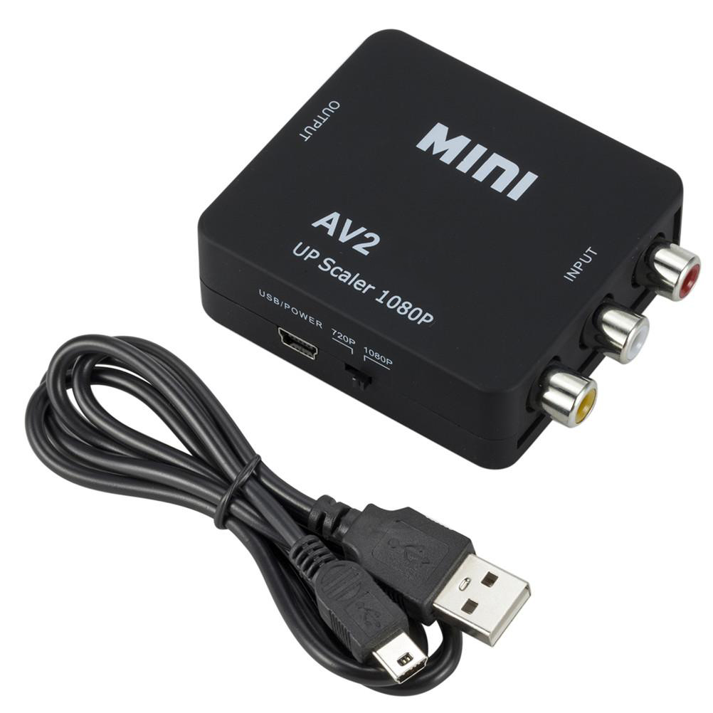 Schwarzer AV2-Upscaler mit USB/Stromanschluss, 720P/1080P-Einstellungen und USB-Kabel.
