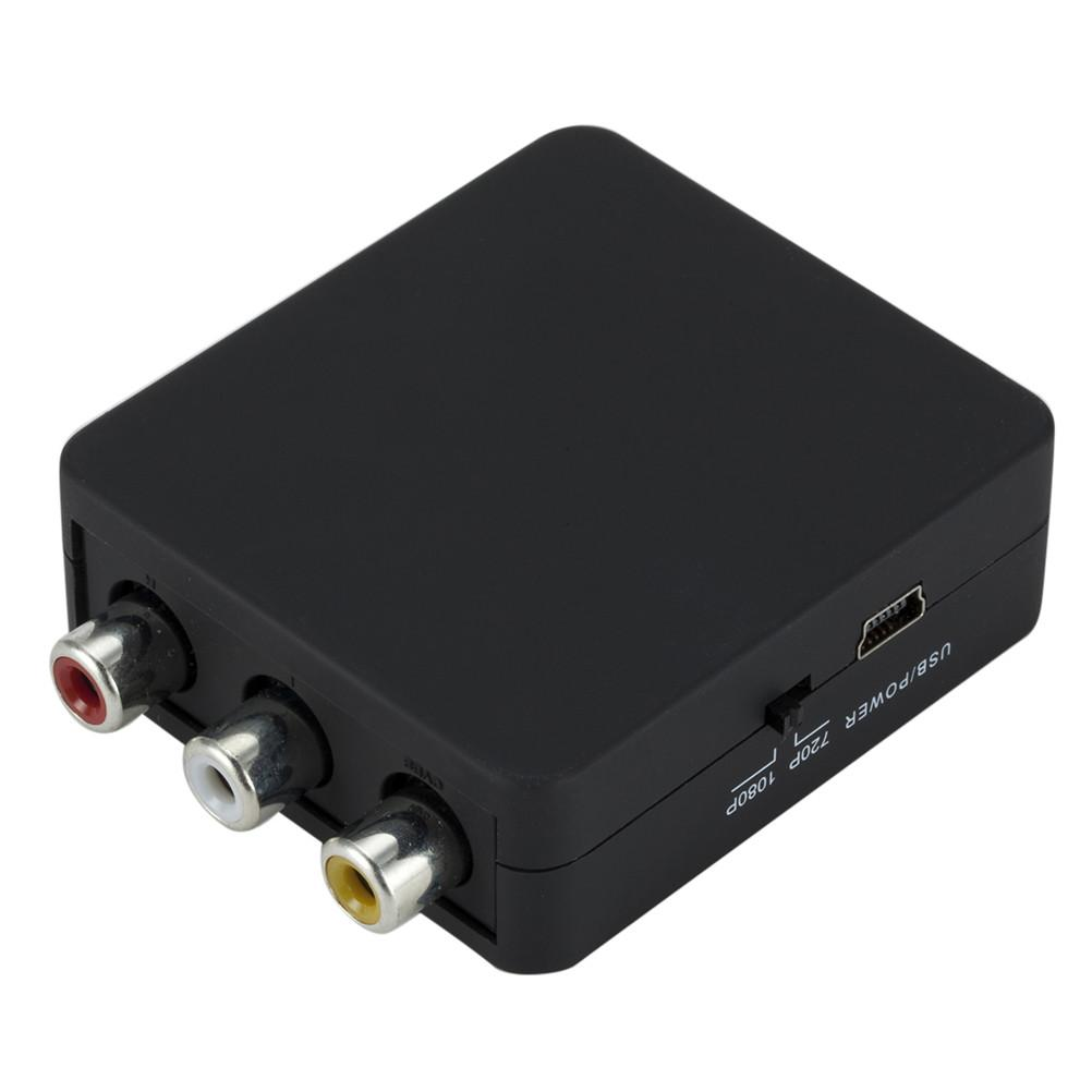 Schwarzer AV-zu-HDMI-Adapter mit drei Eingangsanschlüssen und einem USB-Anschluss.
