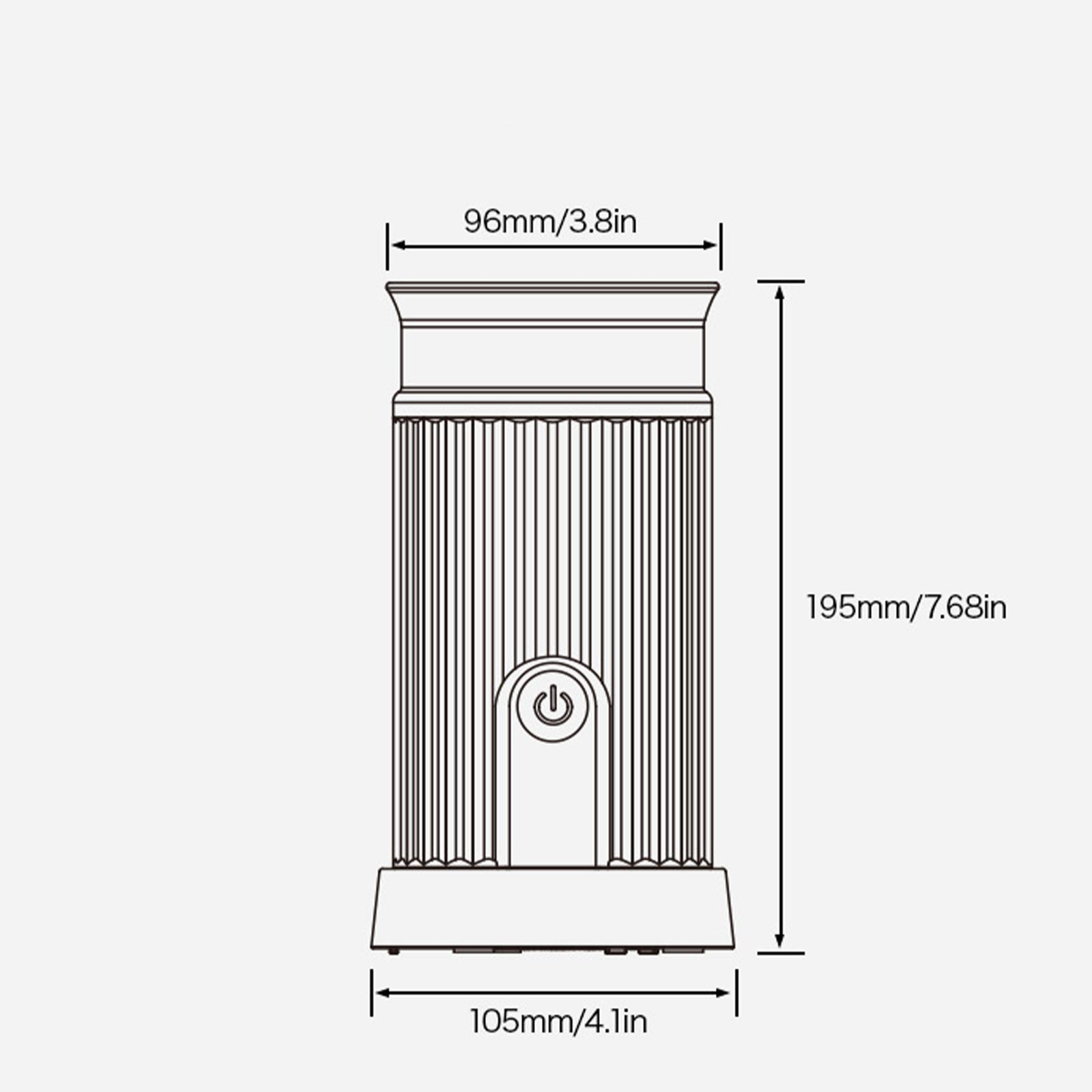 Diagramm eines schwarz-silbernen Milchaufschäumers mit Abmessungen.