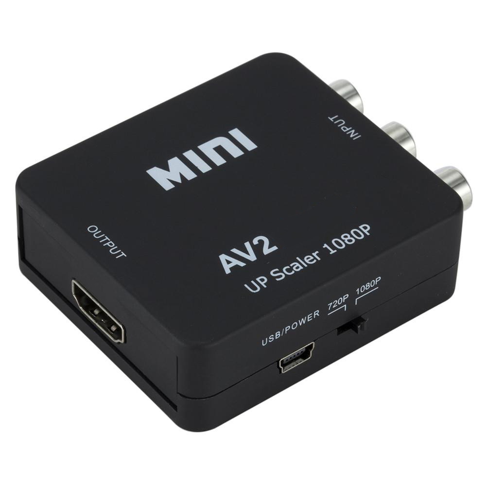 Schwarzer AV-zu-HDMI-Adapter mit mehreren Anschlüssen. Beschriftet mit MINI und AV2.