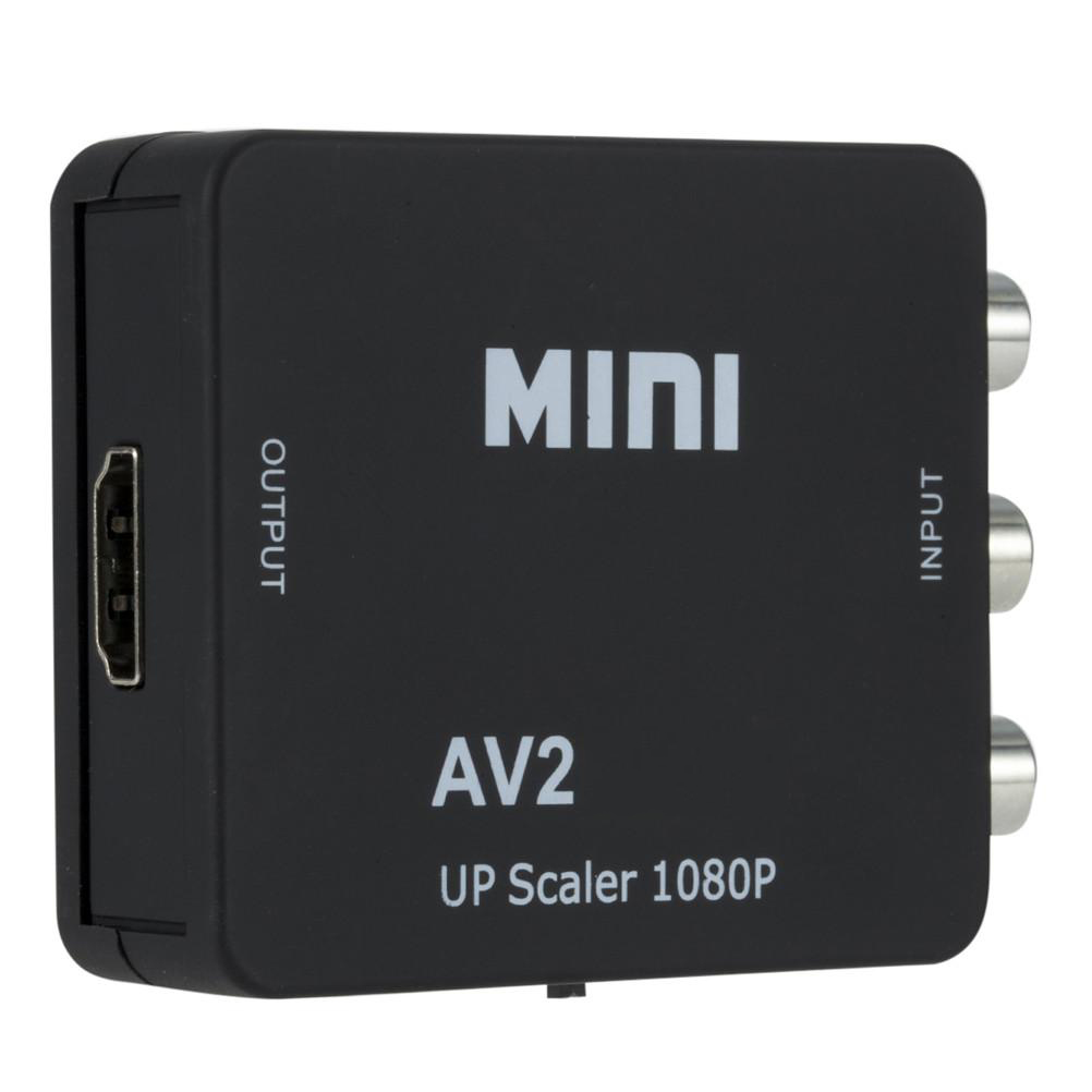 Schwarzer AV-zu-HDMI-Adapter mit drei Eingangsanschlüssen. MINI & AV2.