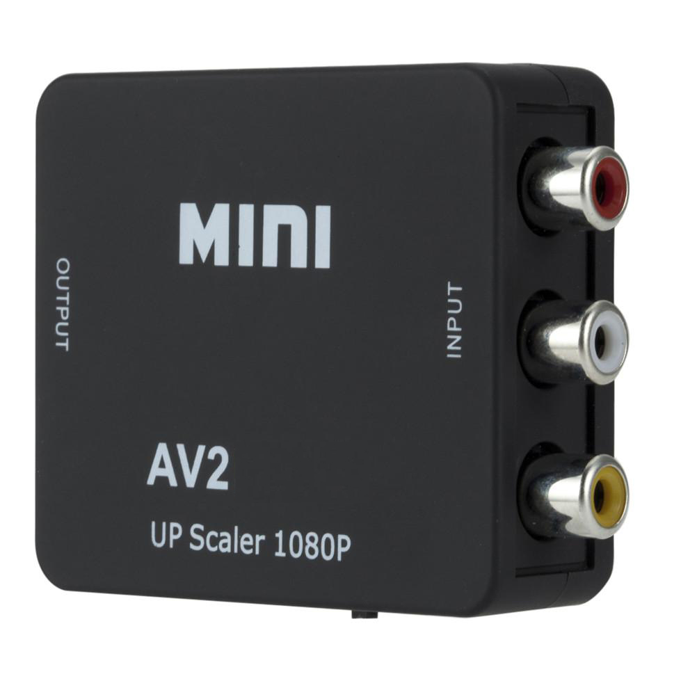 Schwarzer AV-zu-HDMI-Adapter mit drei Eingangsanschlüssen und einem USB-Anschluss. MINI & AV2.