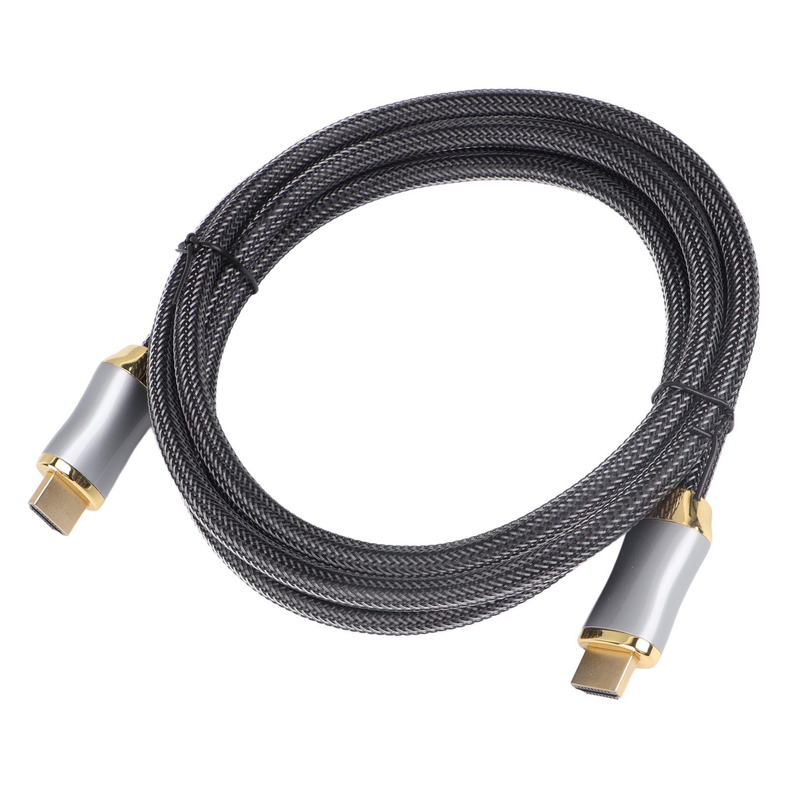 Schwarzes HDMI-Kabel mit goldfarbenen Steckern, aufgerollt.
