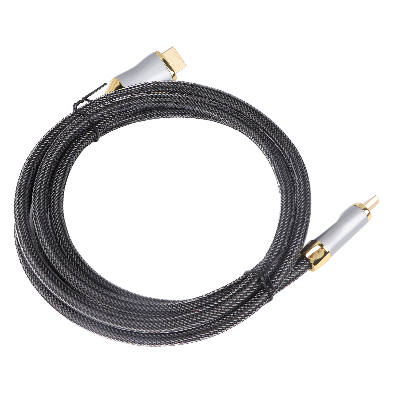 Schwarzes HDMI-Kabel mit silbernem und goldenem Stecker.