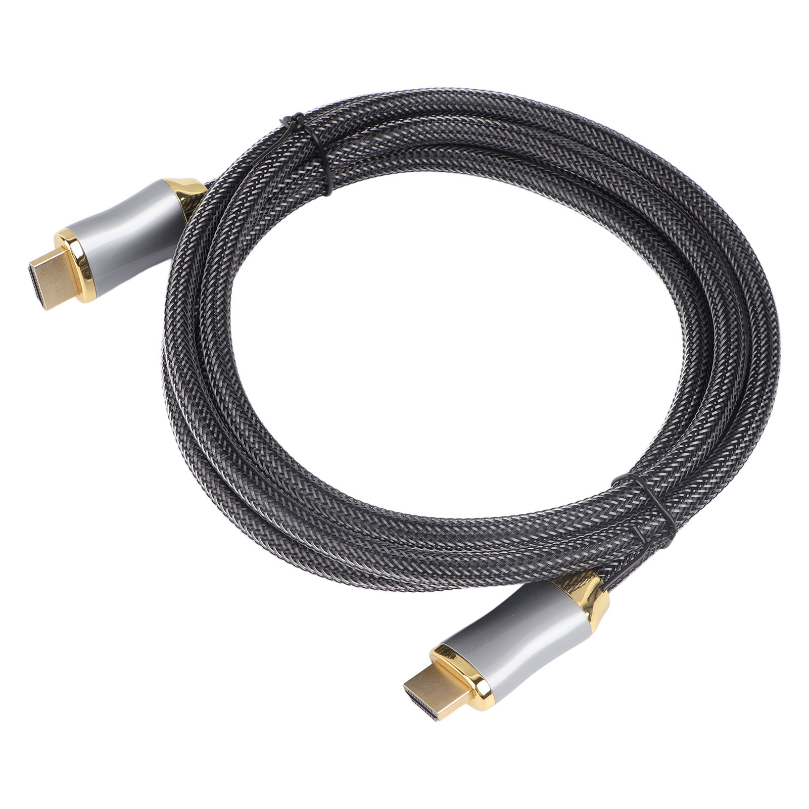 Schwarzes HDMI-Kabel mit silbernen und goldenen Steckern.