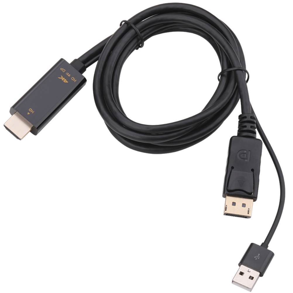 Ein schwarzes HDMI-zu-DP-Kabel mit einem USB-Kabel. Weißer Hintergrund.