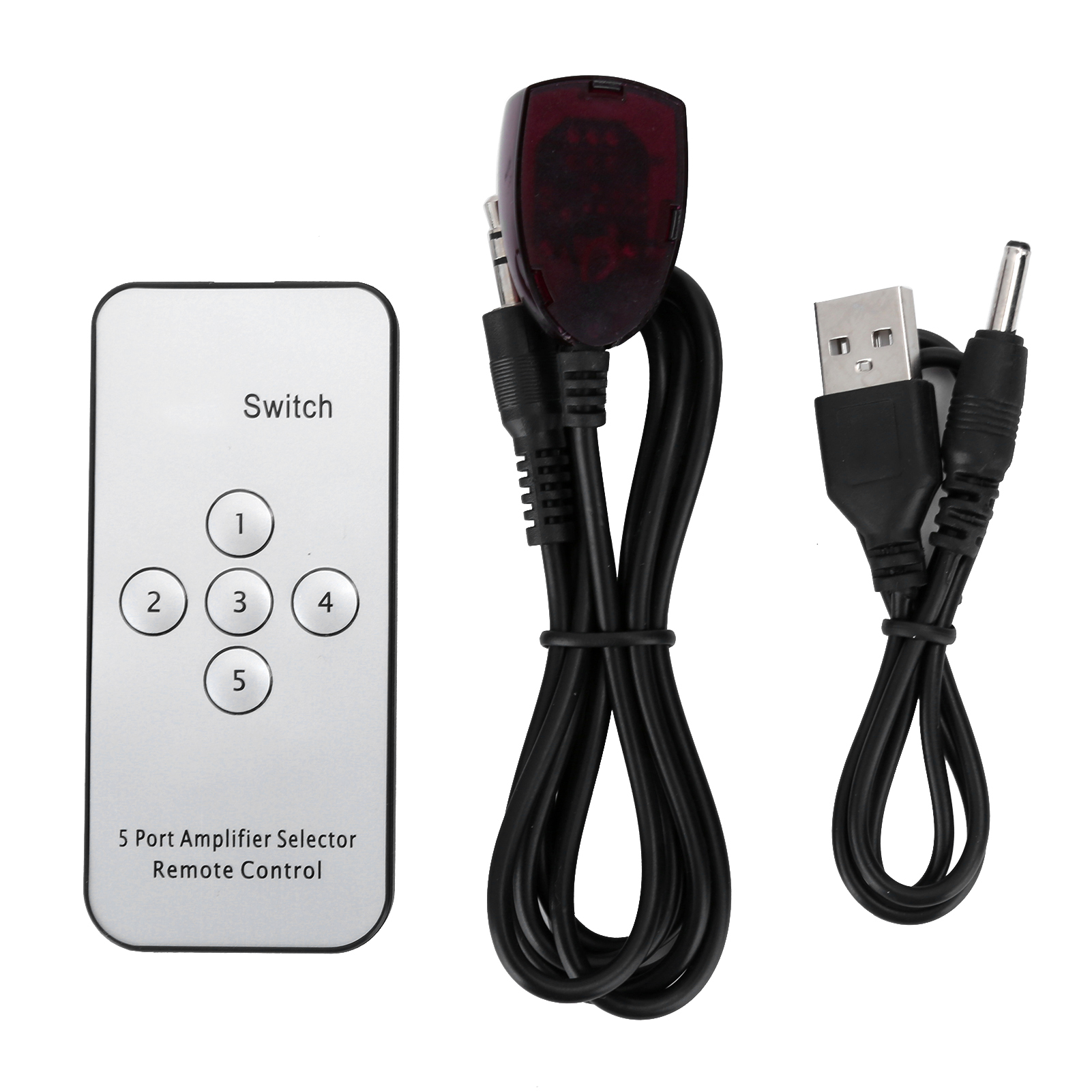 Fernbedienung, IR-Empfänger und Kabel auf weißem Hintergrund.