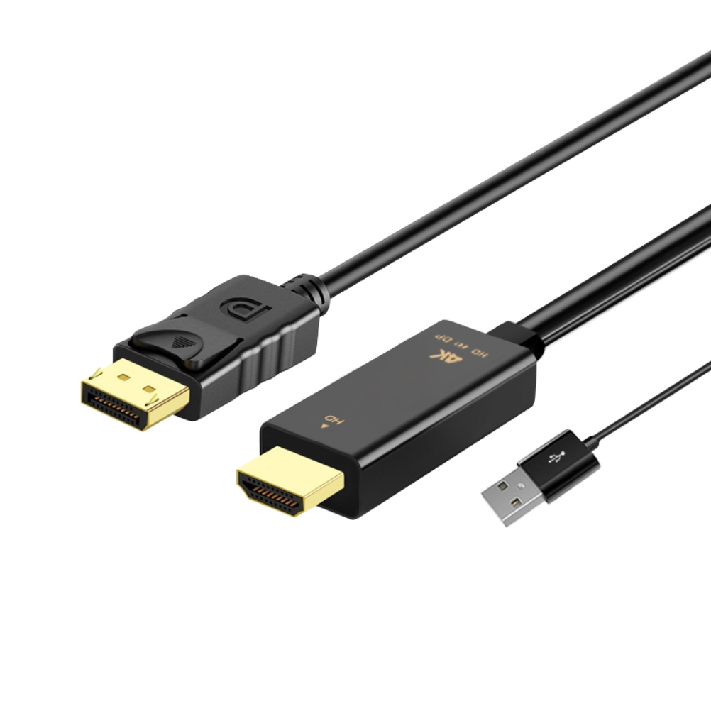 Schwarzes HDMI-Kabel mit USB- und DisplayPort-Anschlüssen auf Weiß.