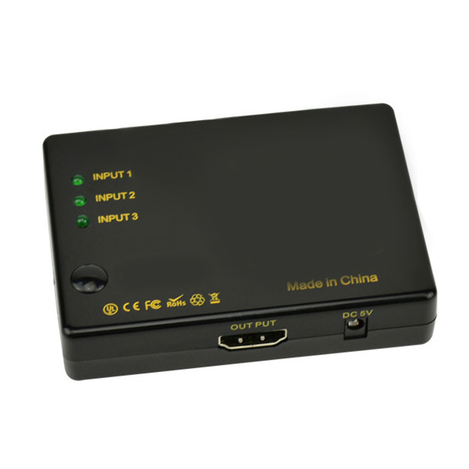 Ein schwarzer 3-Port-Verstärker-Selektor. Weißer Hintergrund.