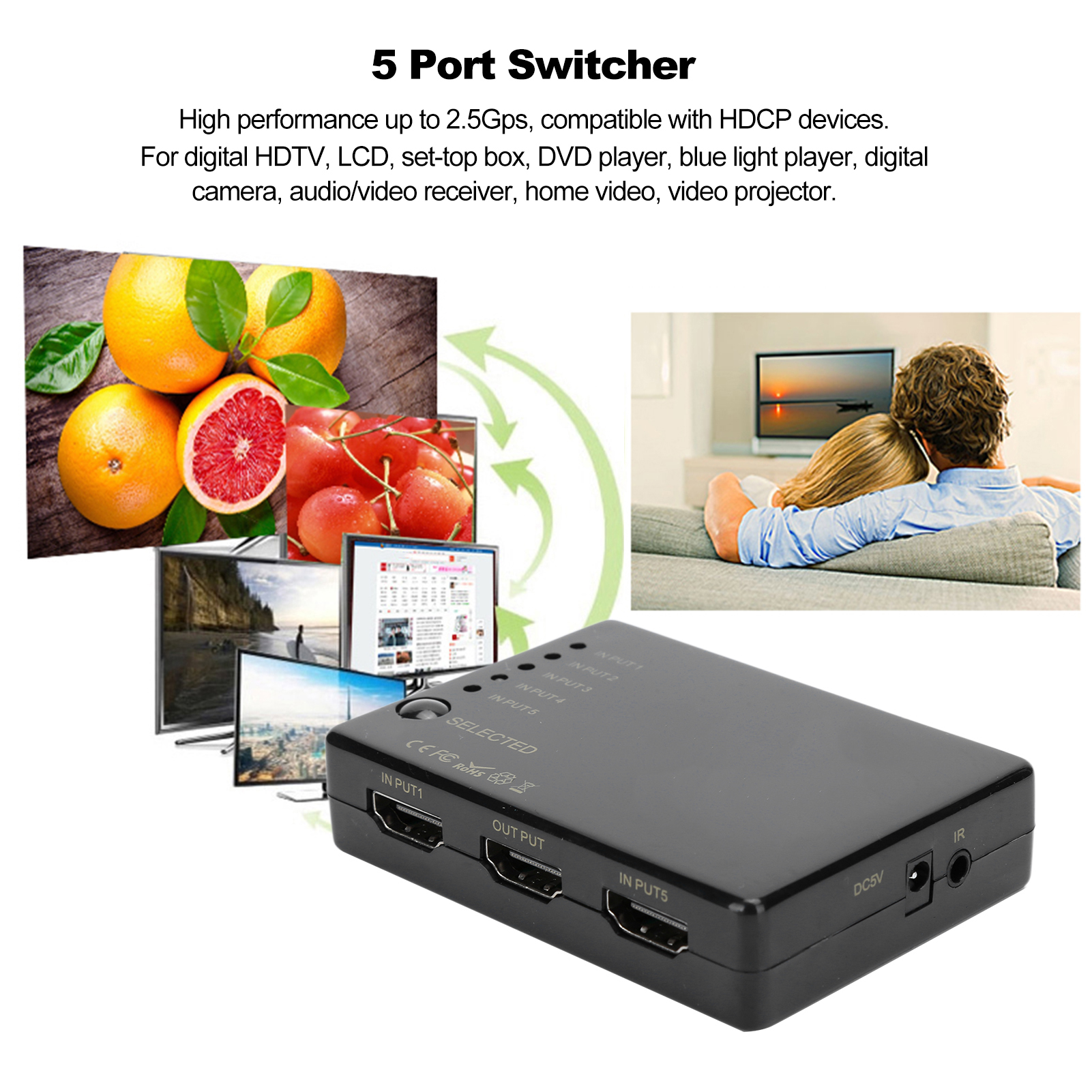 Ein schwarzer 5-Port-Verstärker-Selektor mit Früchten, Bildschirmen und einem Paar. Weißer Hintergrund.