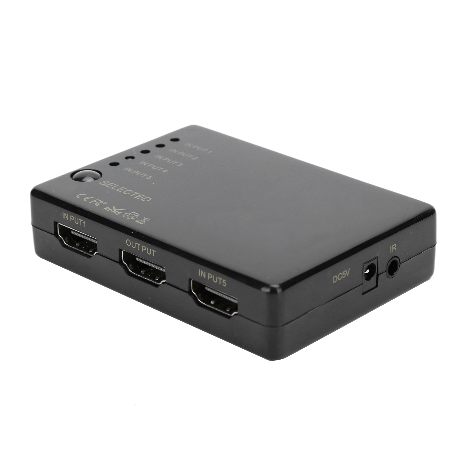 Schwarzer Eingangswähler mit fünf HDMI-Eingängen, Ausgang und weiteren Anschlüssen.
