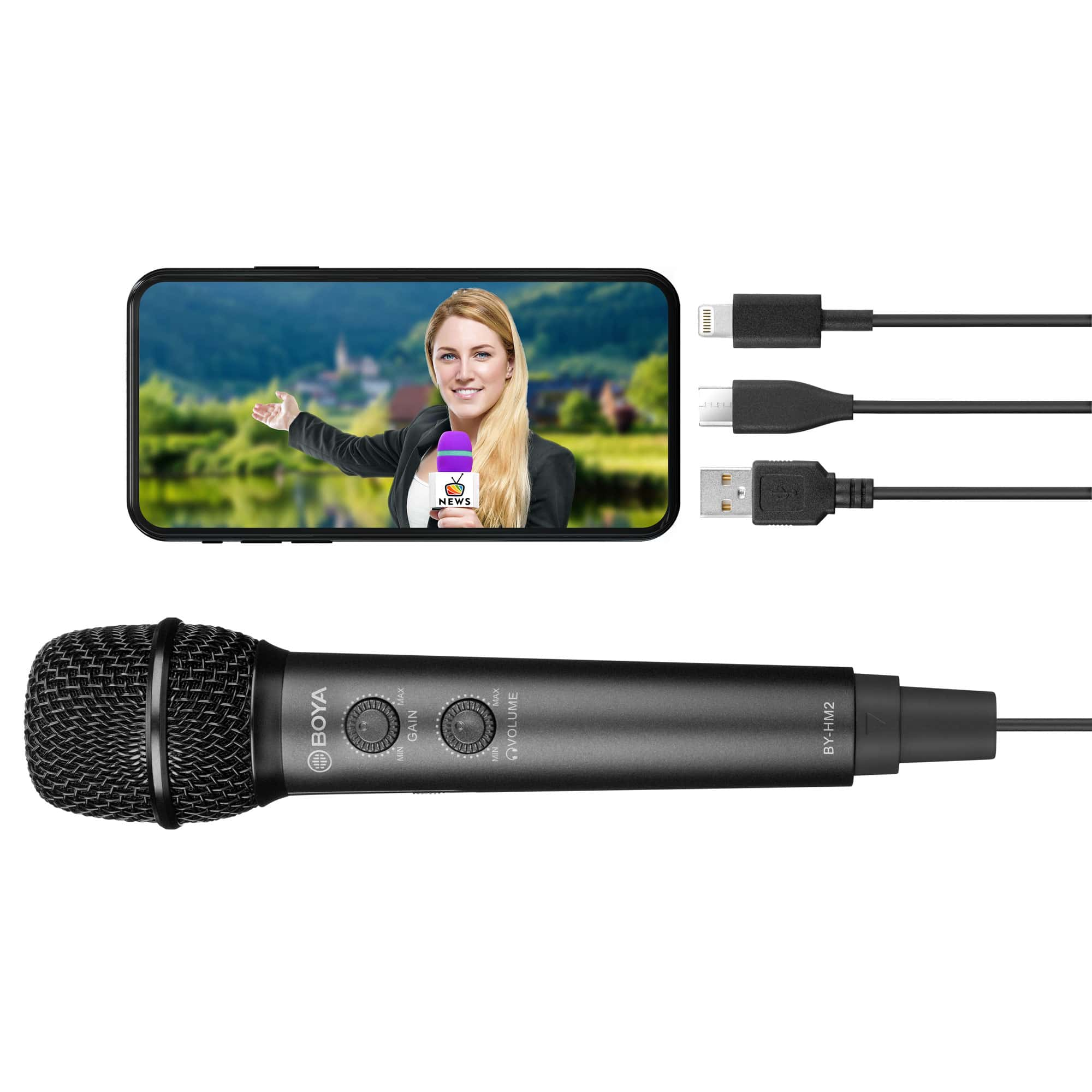 Schwarzes Mikrofon mit Kabeln, ein Telefonbildschirm mit einer Nachrichten-App.