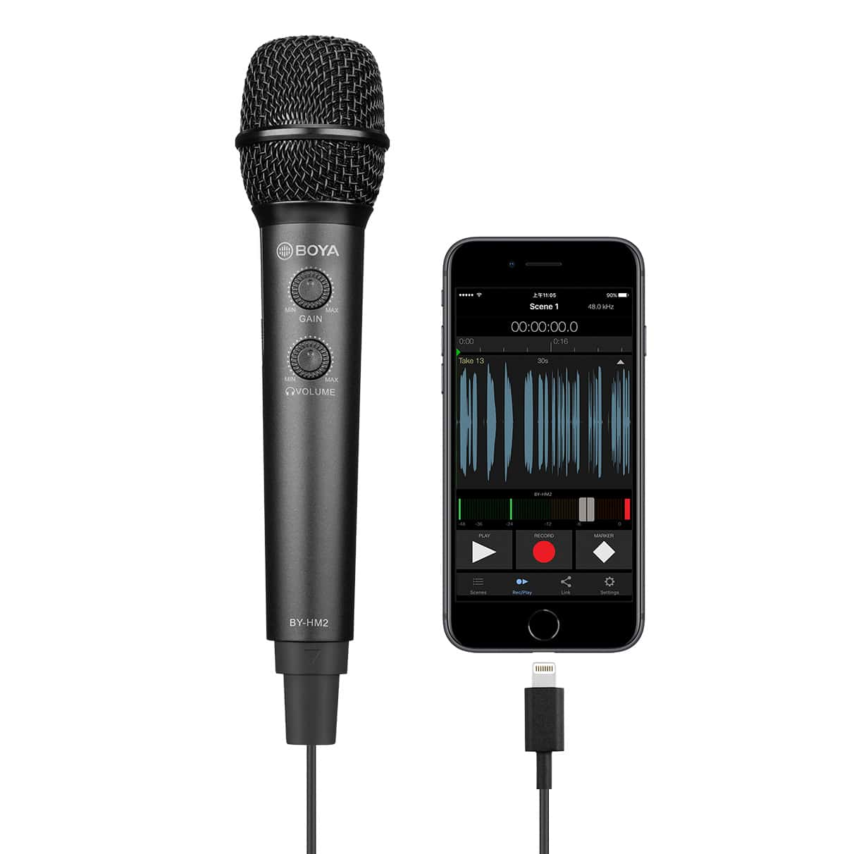 Schwarzes Mikrofon mit einem Telefon, das Audio aufnimmt, Nahaufnahme.