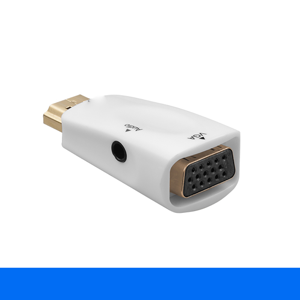 Weißer Videoadapter mit Audio- und VGA-Anschlüssen. Winkelansicht. Weißer Hintergrund.