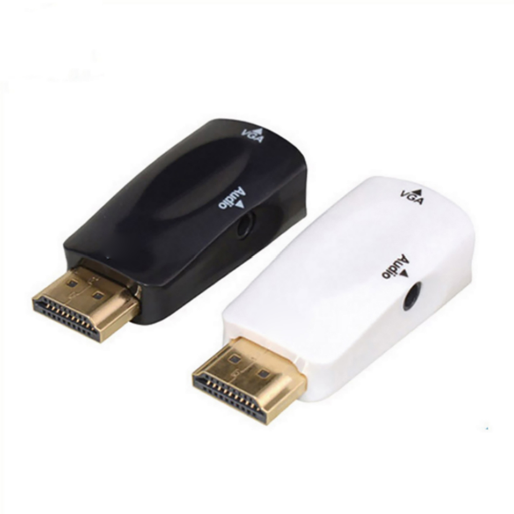 Schwarzer und weißer HDMI-zu-VGA-Adapter. Schwarzer Adapter links, weißer rechts, schräge Ansicht.