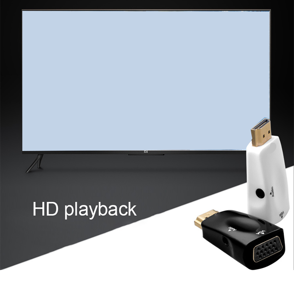 Fernseher und zwei Adapter. Schwarz mit VGA, weiß mit HDMI. HD-Wiedergabetext.