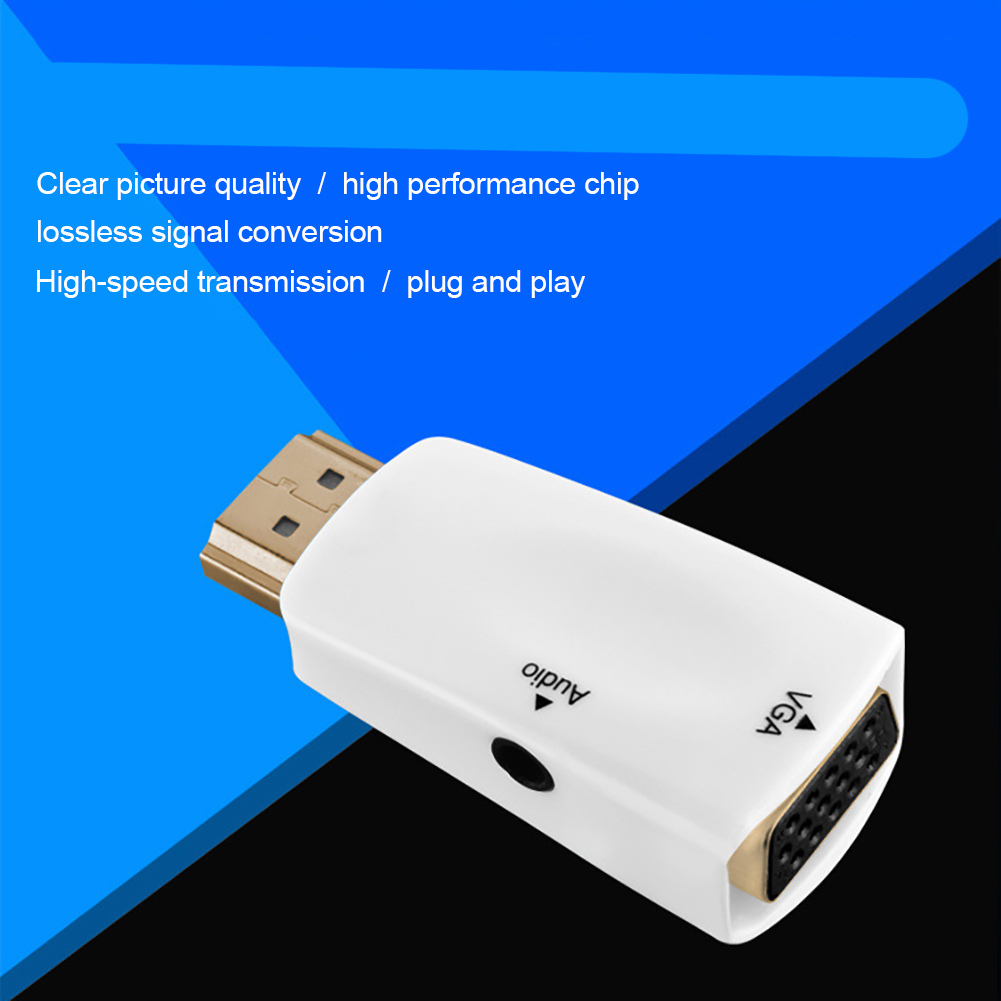 Weißer Videoadapter mit Audio- und VGA-Anschlüssen. Text: Klare Bildqualität etc.