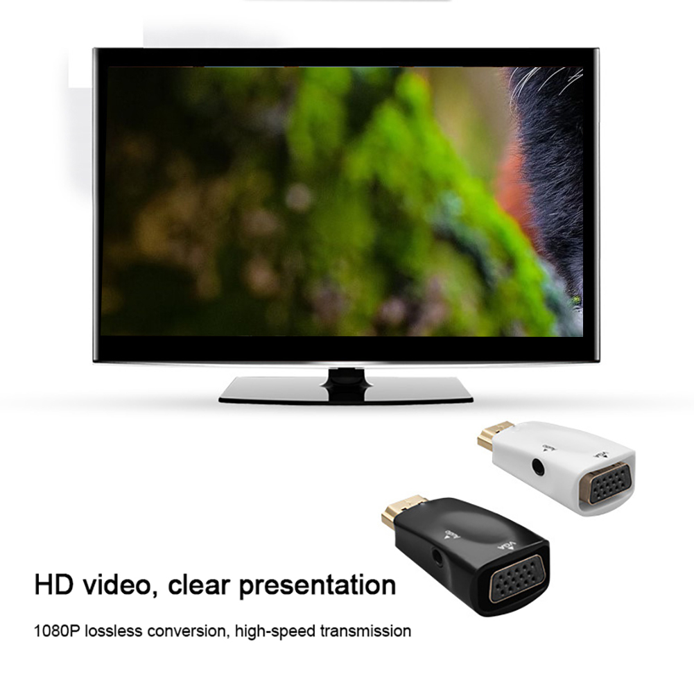 TV-Bildschirm und zwei Videoadapter. Text: HD-Video, klare Präsentation.