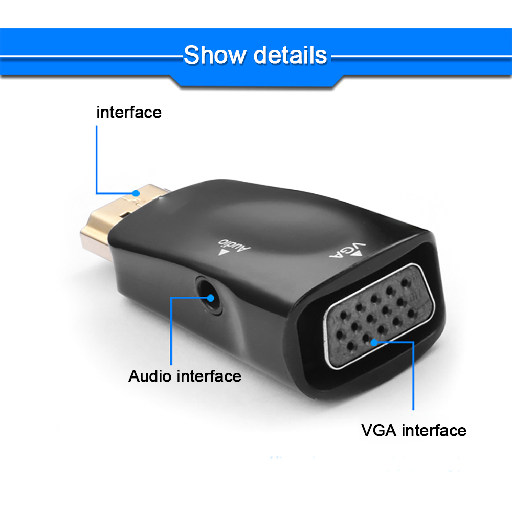 Schwarzer HDMI-zu-VGA-Adapter. Zeigt Audio- und VGA-Anschlüsse. Text: Audio, VGA und Schnittstelle.