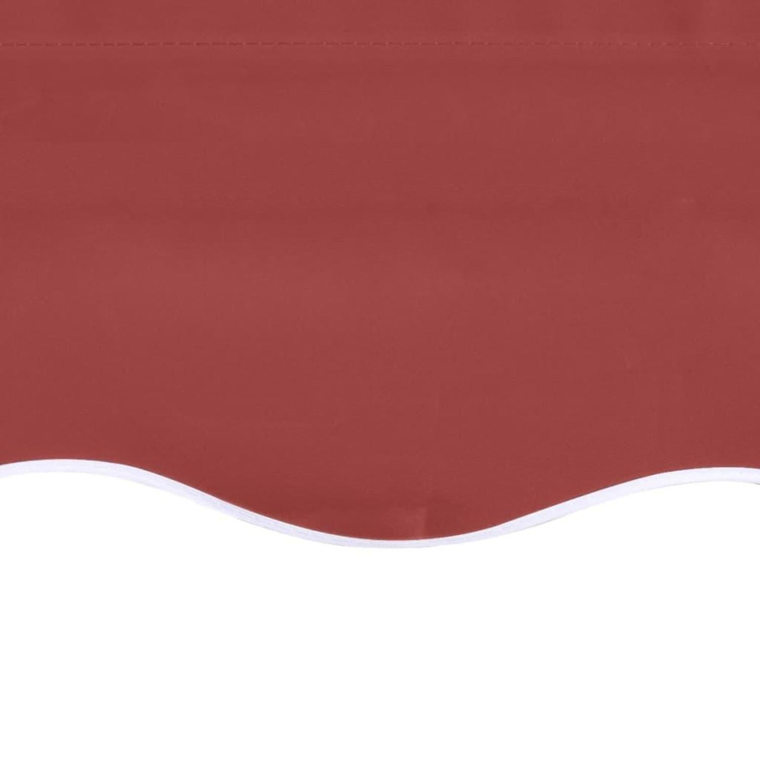 Nahaufnahme einer roten Markise mit weißem, gewelltem Rand. Die Farbe ist einfarbig, der Hintergrund weiß.