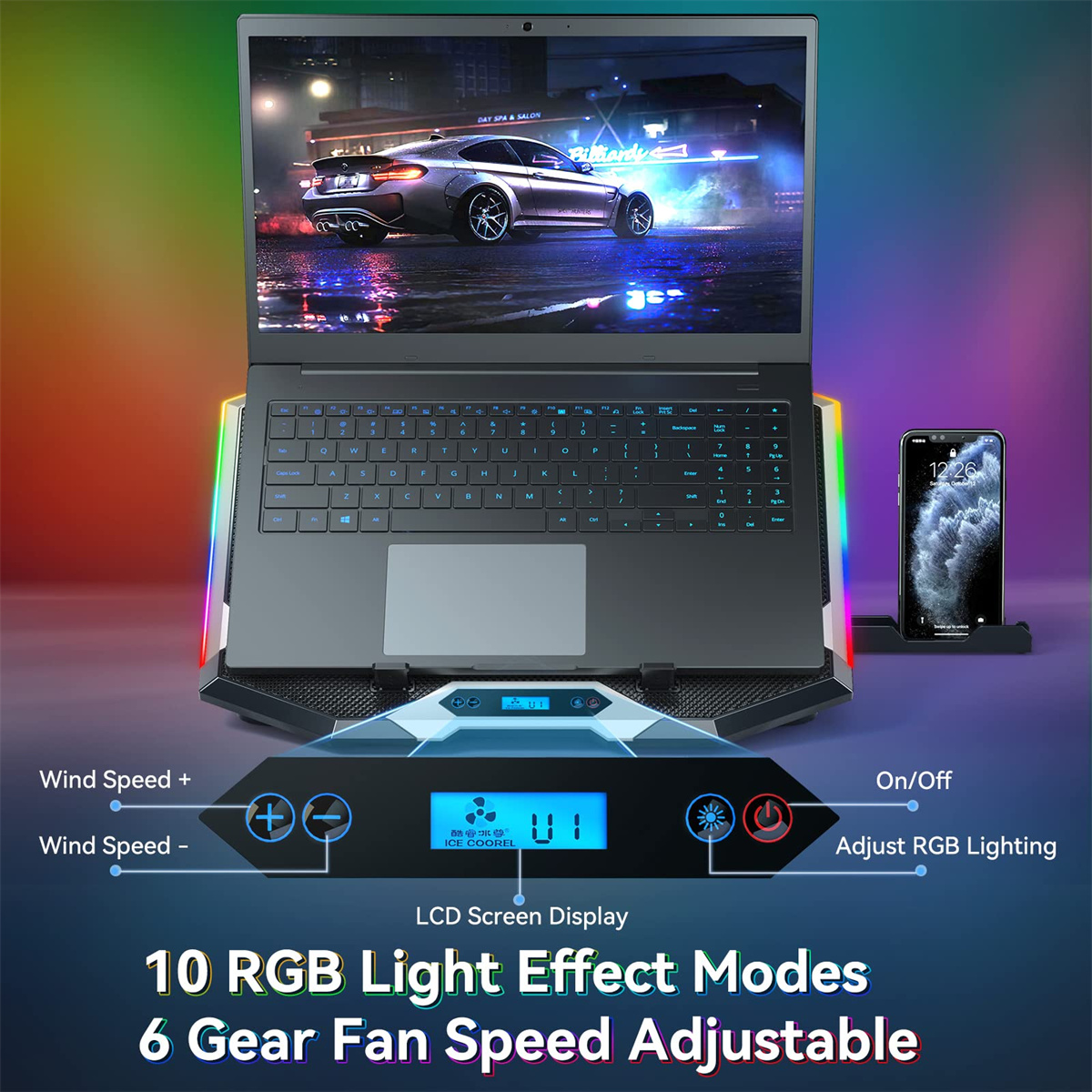 Laptop auf Kühlpad, Telefon auf Ständer. Anzeige zeigt Spielszene. Steuerung für Lüftergeschwindigkeit, RGB.