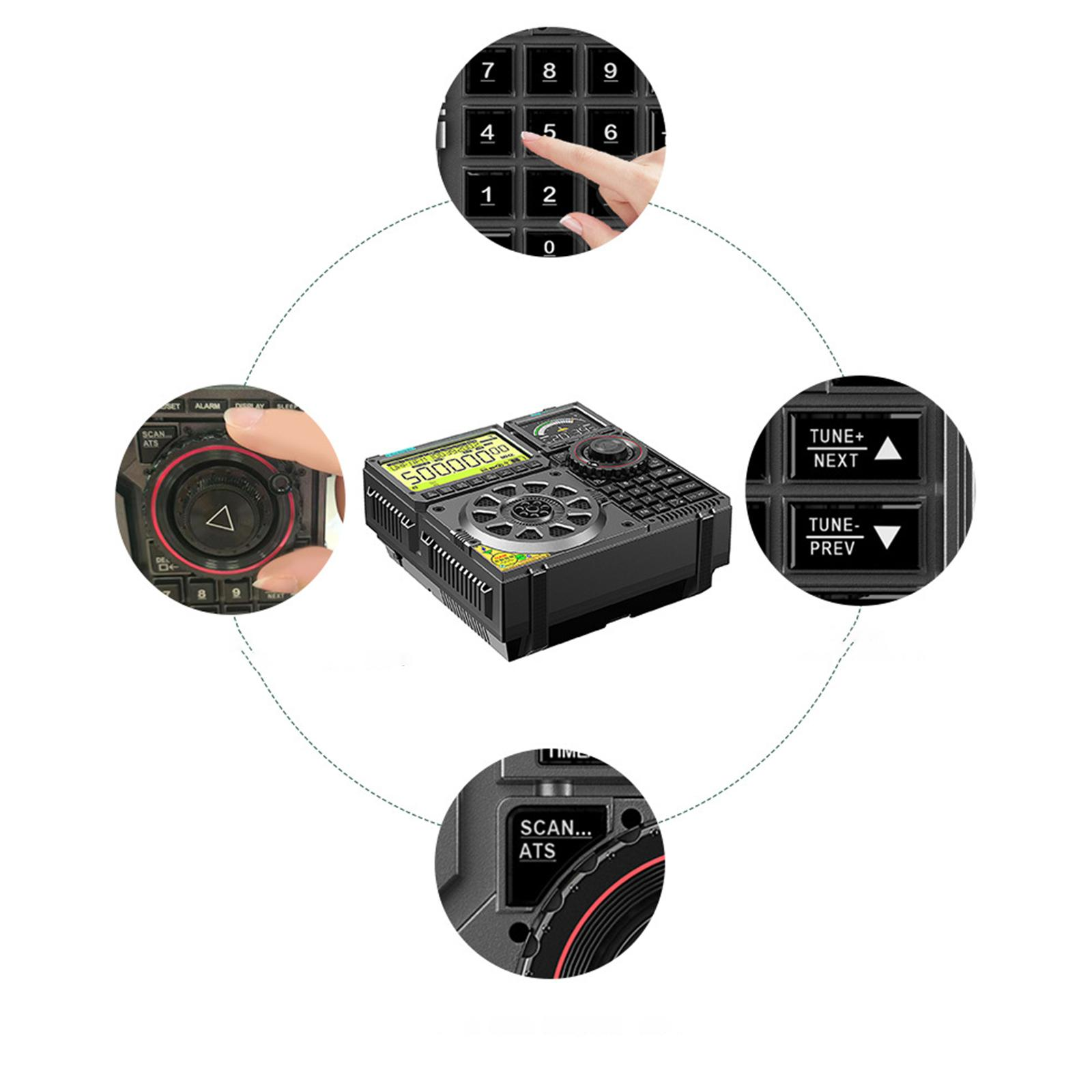 Nahaufnahme der Bedienelemente eines Radios. Enthält eine Tastatur, Abstimmungstasten und einen Bildschirm.